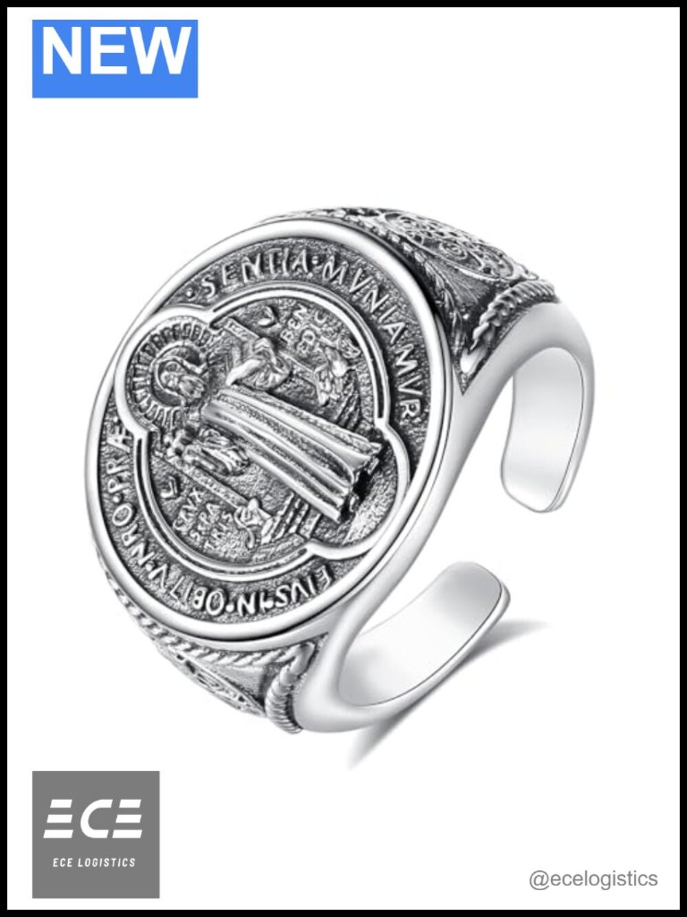 925 Sterling Silver Adjustable St Benedict Cross Ring Religious Gift